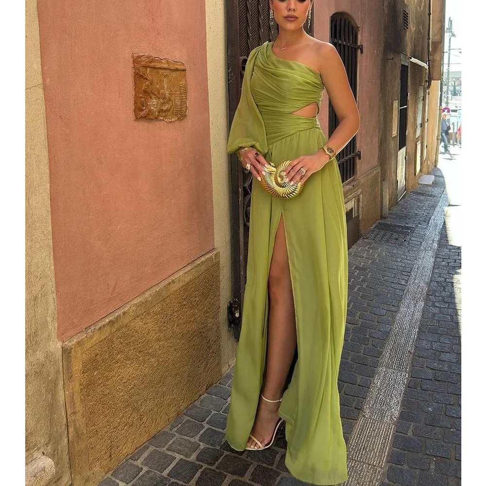 

Chic Green Chiffon Evening Dresses Elegant One Shoulder Half Sleeves Dress Prom Red Carpet Formal Occasion Elegant Party Gown