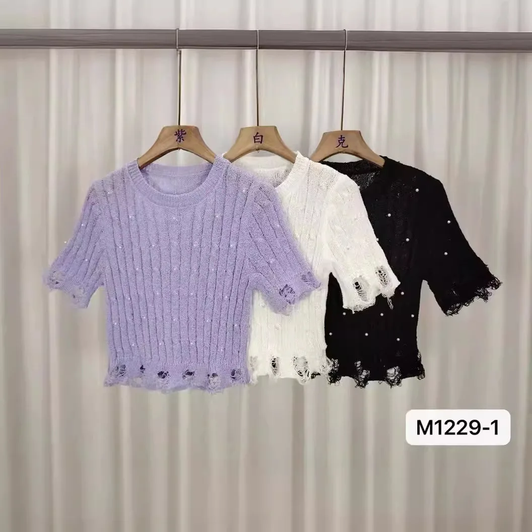 

Лето 202, новый льняной вязаный свитер с перфорированными пайетками, круглый вырез, короткий рукав, свободная, утягивающая женская футболка wh2