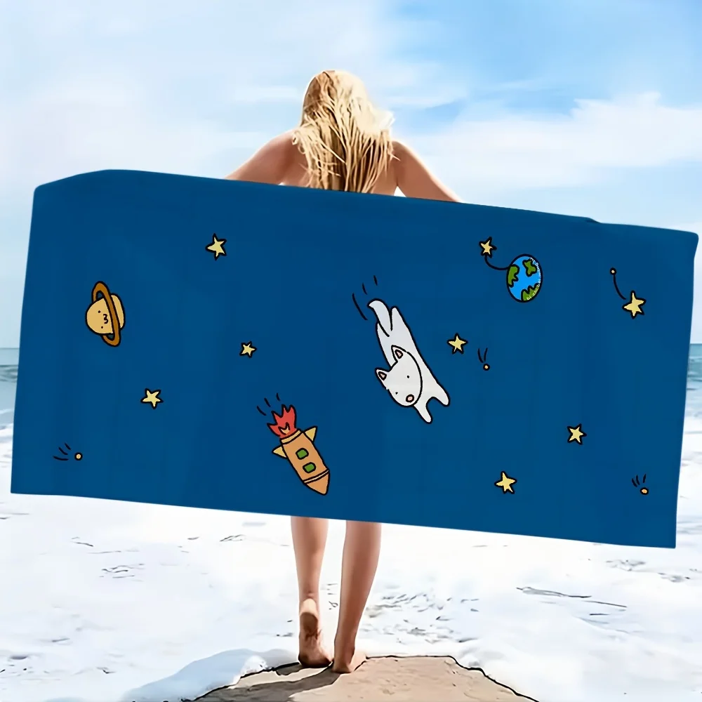 

Плоское 2D-полотенце для ванной с милым котёнком, космонавтом и ракетой - 1 шт. - Мягкое микрофибровое полотенце, подходит для плавания.