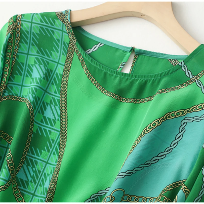 Women Silk Blouse 100% Mulberry Silk Crepe Silk Green Chain Printed Crew Neck Pullover Top Shirt Office Lady FF033