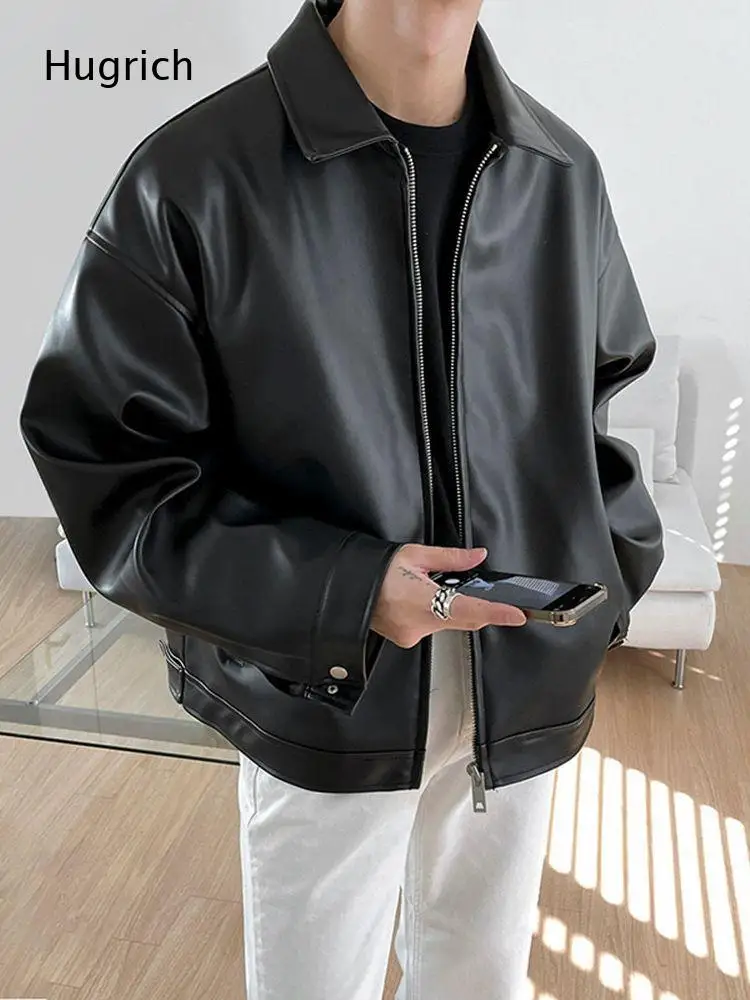 Black Minimalist Smooth Pu Leather Windproof Casual Daily Commute Oversized Outerwear Jacket