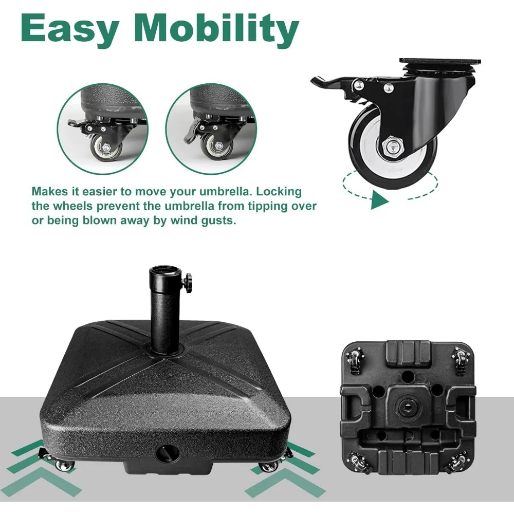 Dz4733 Patio Paraplu Basis Heavy Duty Met Wielen Vierkante Marktstandaard Voor Buiten 4 Sloten 1 Knoppen 125lb Capaciteit, Zwart