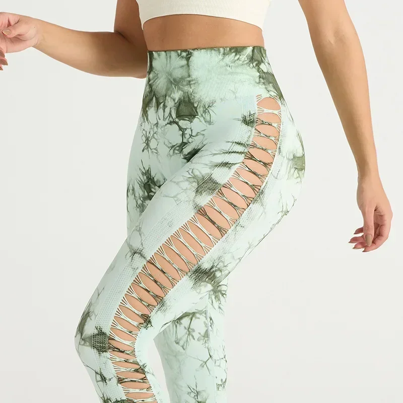 Sexy feminino tie dye oco calças de yoga cintura alta hip levantamento calças de yoga sem costura esportes leggings estilo esportivo yoga calças compridas