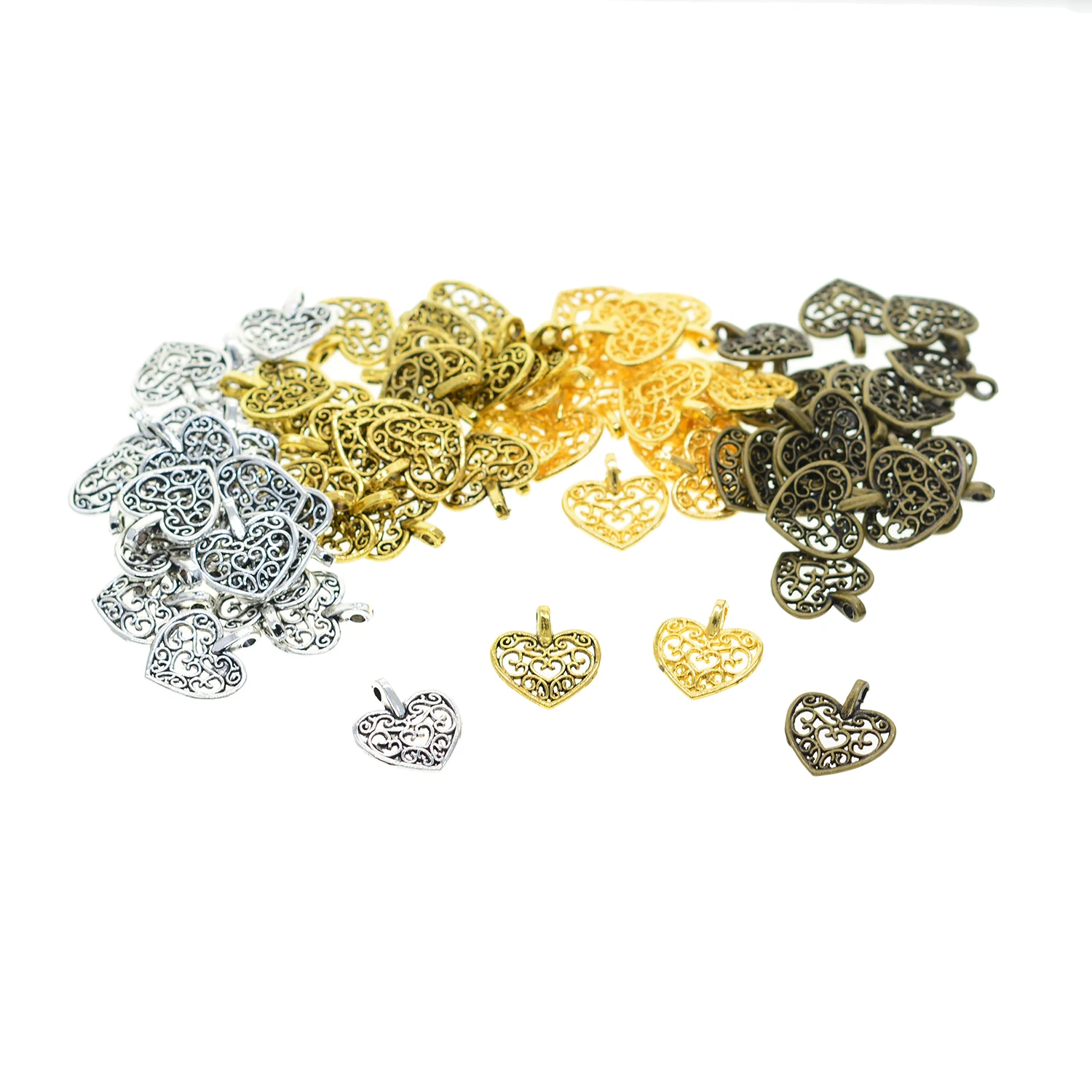 50 Pcs Tibetan Silver gold bronze 4 colors classic Filigree Heart Charms dangle Jewelry DIY Making image 4