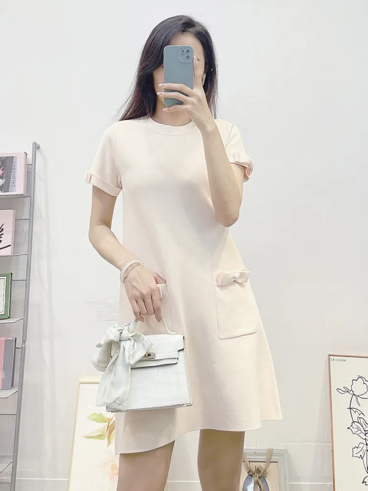 

CHUJIE 2025 Summer French Chic Dress | Bow Detail Knit A-Line Dress | Minimalist Solid Color Short Sleeve Dress