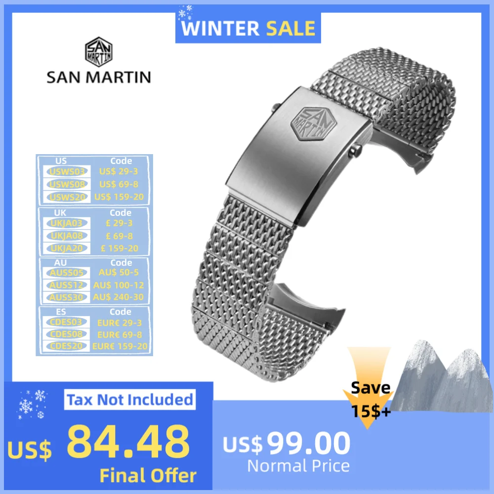 San Martin Flexible Milanese Mesh Bracelet 20mm Brushed Silver Steel Watch Band Fly Adjust Foldover Clasp SN0054F Luxury Classic