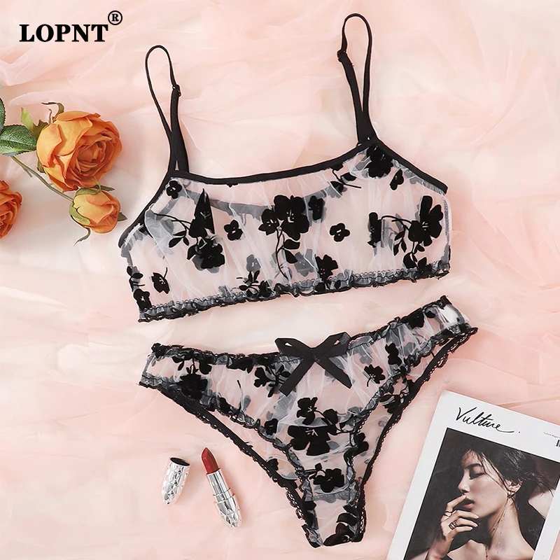 LOPNT Women's Floral Bra Panty Suit Beautiful Black Flocked Bras Mesh Perspective Sexy Lingerie Set See-Through Sling Underwear