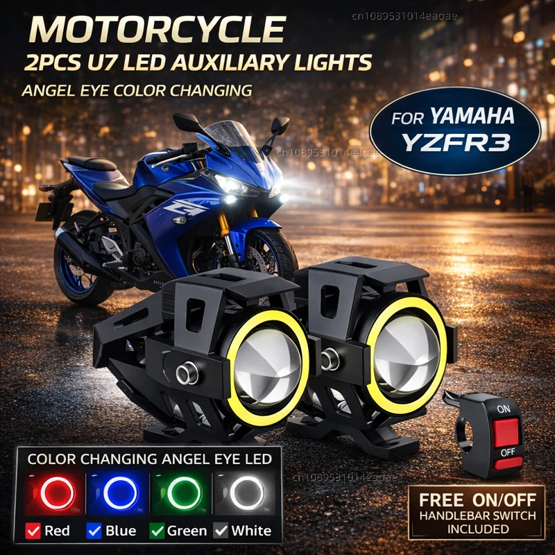 Waterproof Motorcycle LED Headlight 3000LMW U7 Motorbike LED Driving Fog Spot Light with Switch For YAMAHA YZFR3 YZF-R3 YZF R3