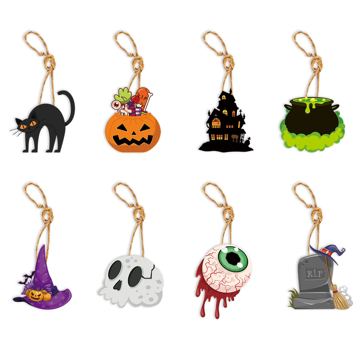 8pcs Halloween Tree Ornaments paper Pumpkin Ghost Witch Hat Pendant Hanging Sign with Rope Halloween Party Home Decor gifts tag