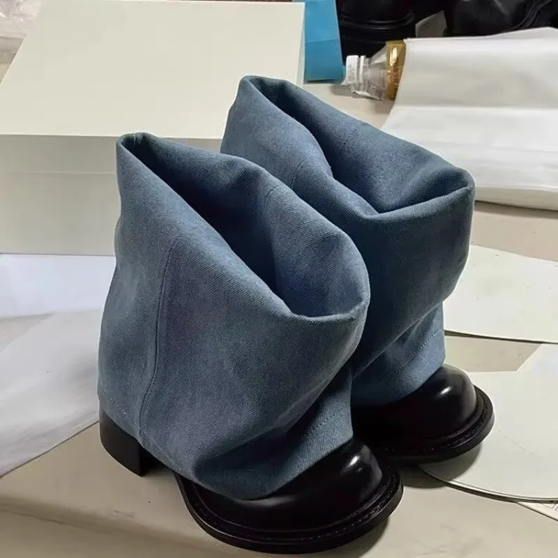 Fashionable Black Blue Denim Shorts Pants Boots New Thick Bottom Retro Round Head Thick Heel Wrinkled Lazy Ankle Boots Size 43