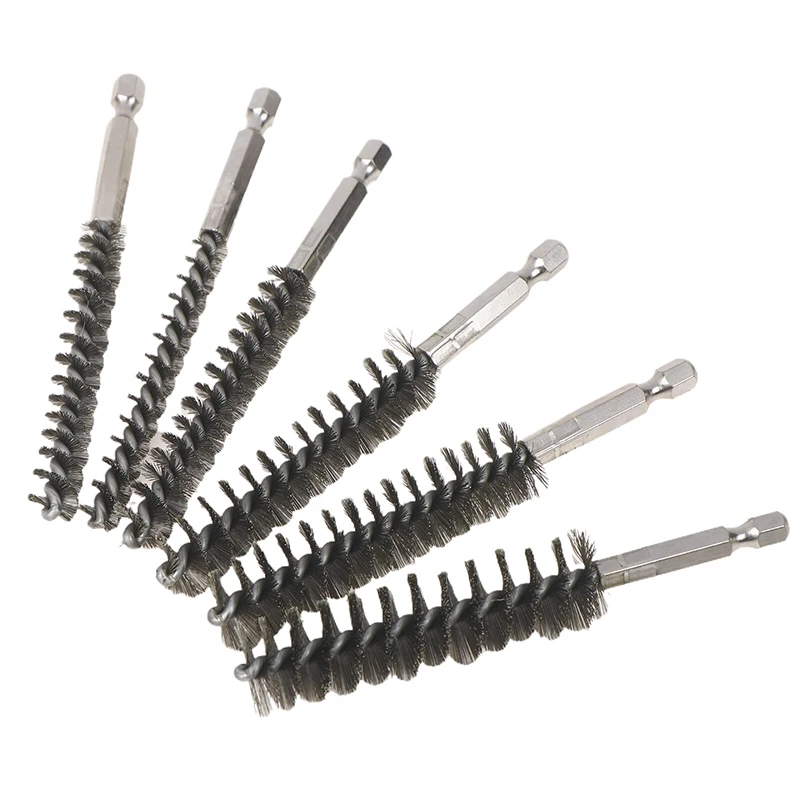 1/6PCS Hexagonal Handle Cleaning Drill; Stainless Steel Wire Bore Brush for 8-19mm Pipe Ports