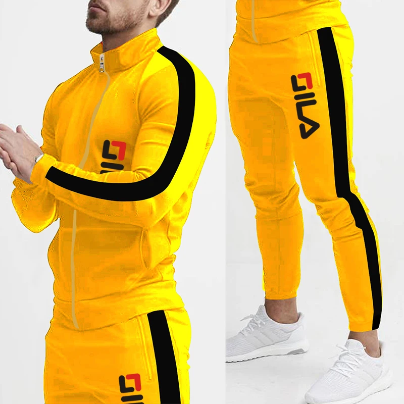 2024 Men's New Fashion Two Piece Set Solid Blocking Color Zipper Sportswear And Drawstring Casual Pants Two piece Set Trendy Set