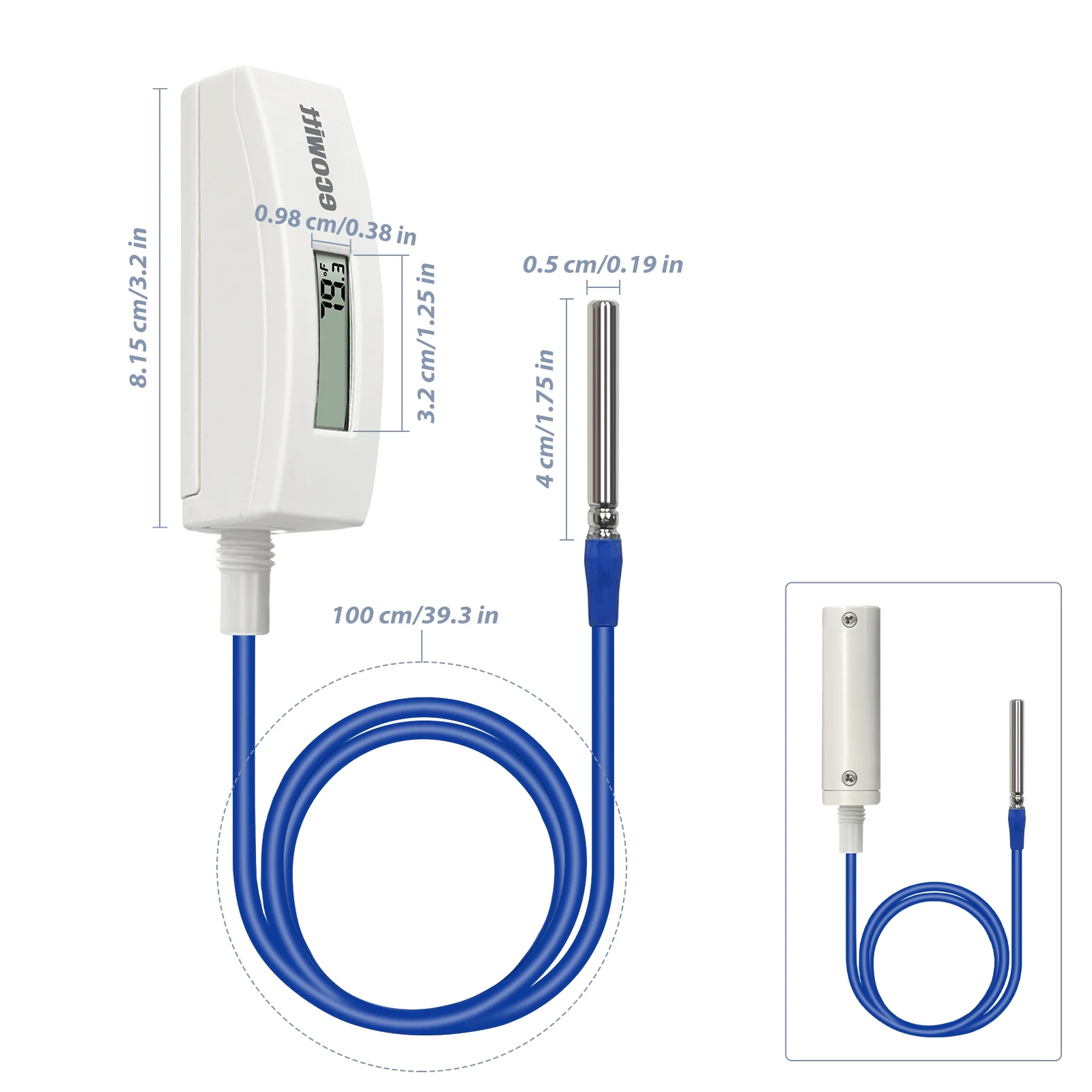 Ecowitt WN34D Thermometer with LCD Display, 3.28ft/1m Silicone Wire Sensor, -55°C~125°C Probe Temperature Sensor for Pool, Pond