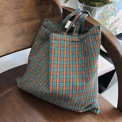 Contrast Color Women's Plaid Shoulder Bags Retro Casual Tote Ladies Canvas Shopping Bag Crossbody Bag Girls Travel Handbags