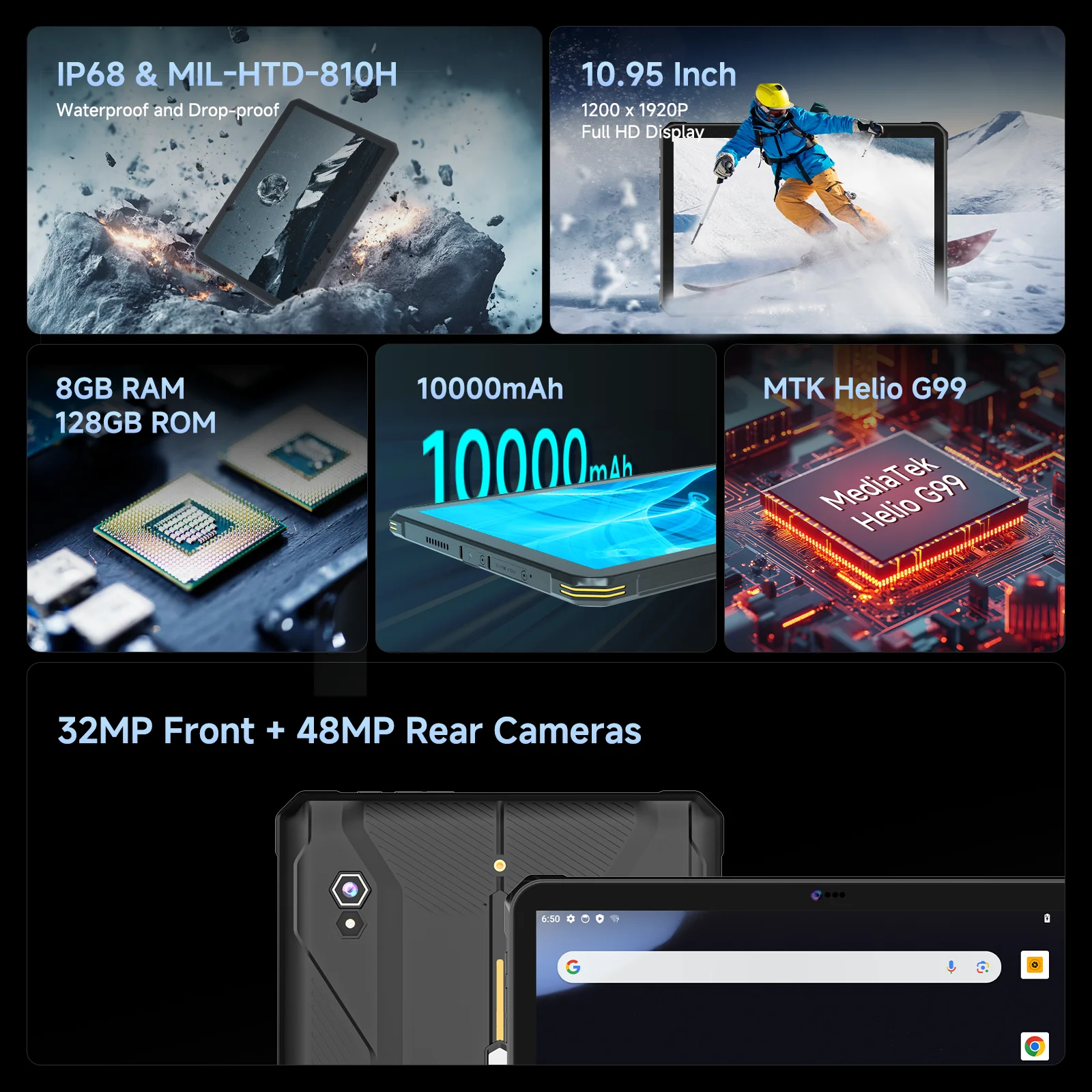 T1 Max IP68 مقاوم للماء Android 14 لوحة خارجية 11 بوصة كمبيوتر لوحي متين مع بطارية 10000 مللي أمبير في الساعة
