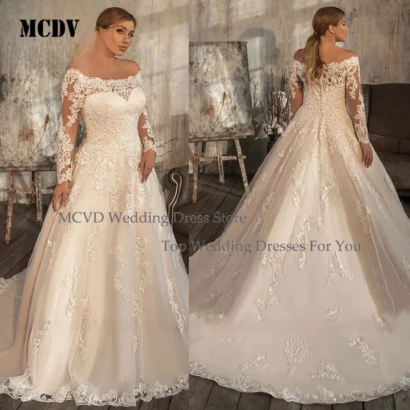 

MCDV Customized Luxury Plus Size A Line Wedding Dress 2026 with Button Lace Appliques Tulle Bridal Gowns for Bride