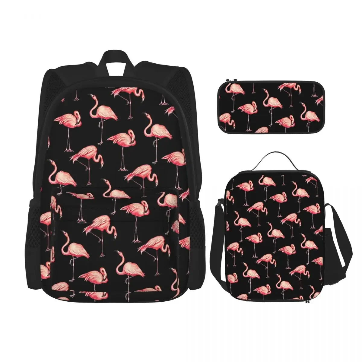 Flamingo Padrão Preto Mochilas para Crianças, mochilas escolares, mochila infantil, lancheira dos desenhos animados, Pen Bag, Boy and Girl Bookbag, 3 Pcs Set