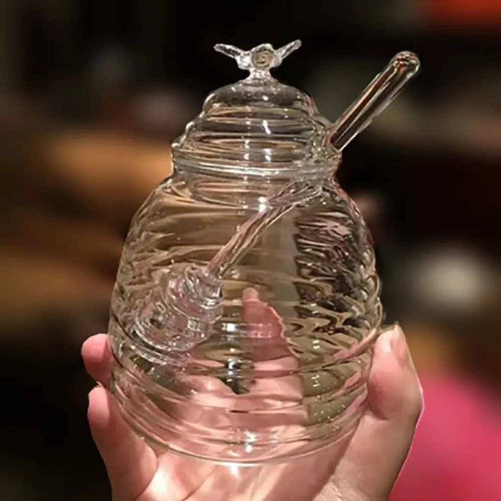 Glass Honey Jar with Dipper and Lid New Clear 15oz Honey Storage Tanks 8.11 Ounces Honey Containers Holder Jelly