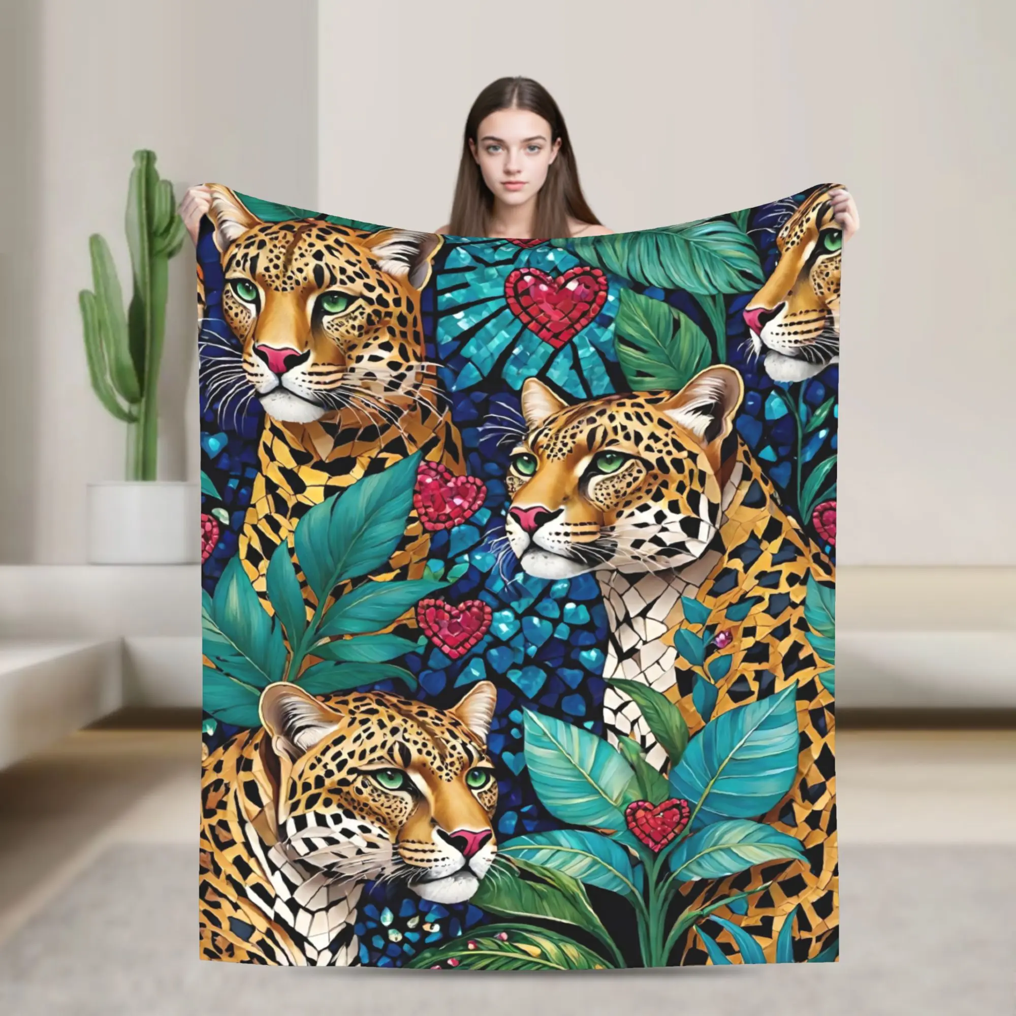 Jaguar Tropical Leaf Print Flannel Blanket Winter  Warm Soft Throw Blanket for Students Couch Chair Bedspread Sofa Bed Cover