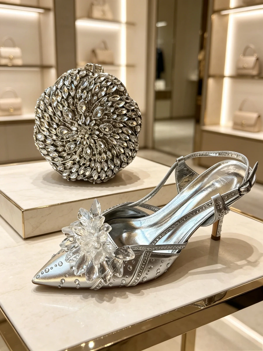 

Silver Crystal Floral Slingback Heels & 3D Flower Round Rhinestone Clutch Bag Set Elegant Women Runway Party Evening Dress Shoes