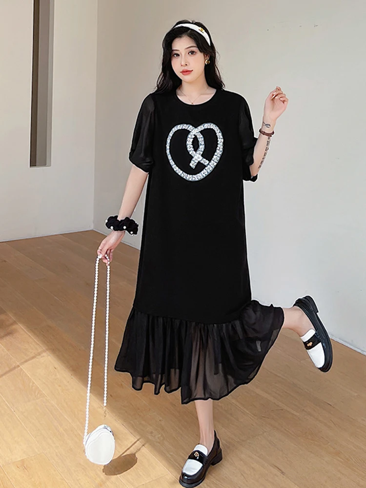 NYFS Summer 2025 Women's Dress Loose plus Size Pearl Embroidery Patchwork Chiffon Short Sleeve Long Dress Robe Elbise