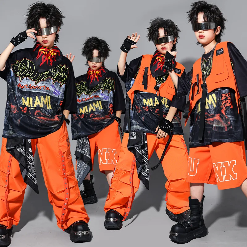 Boys Jazz Dance Stage Costume Children Hip Hop Trendy Suit Orange Shorts Oversize T-shirt Street Dance Outfit Streetwear