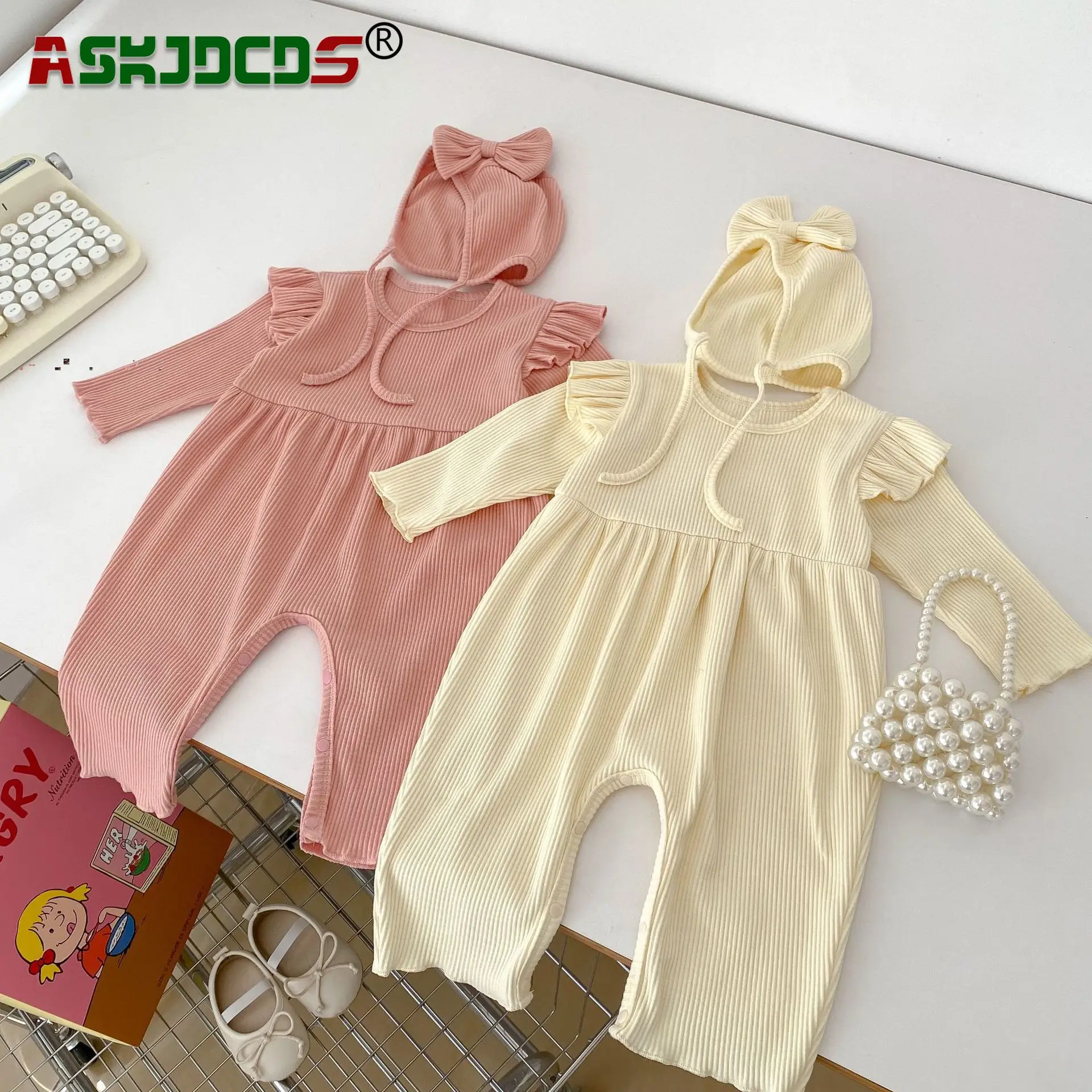 

2023 Autumn Newborn Baby Girls Solid Color Full Sleeve Cotton One-piece Jumpsuits - Toddler Romper+Hat Set 2pcs 0-24M