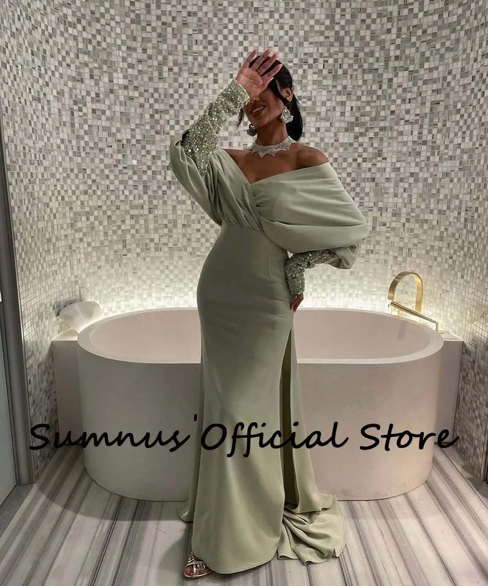 Sumnus Saudi Arabic Mermaid Evening Party Gowns Sexy Off Shoulder Sequins Long Sleeve Dubai Wedding Party Dresses with Train