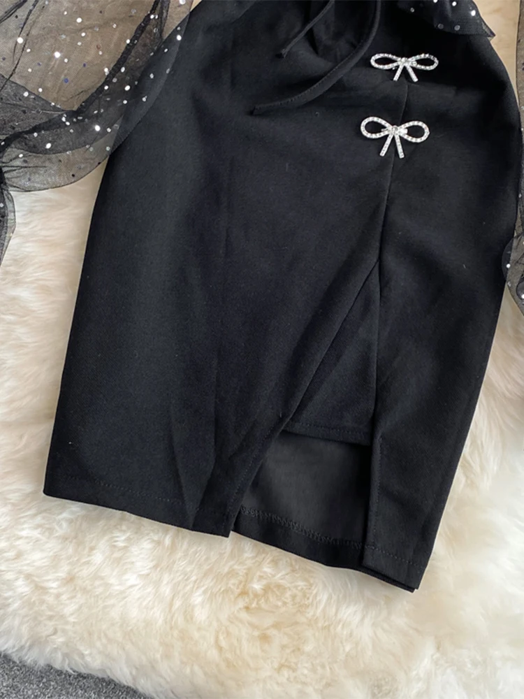 Women's Evening Dress Vintage Black Gothic Long Sleeve Square Collar Mesh Luxury Dresses Y2k One Piece Frocks Emo 2000s Clothes