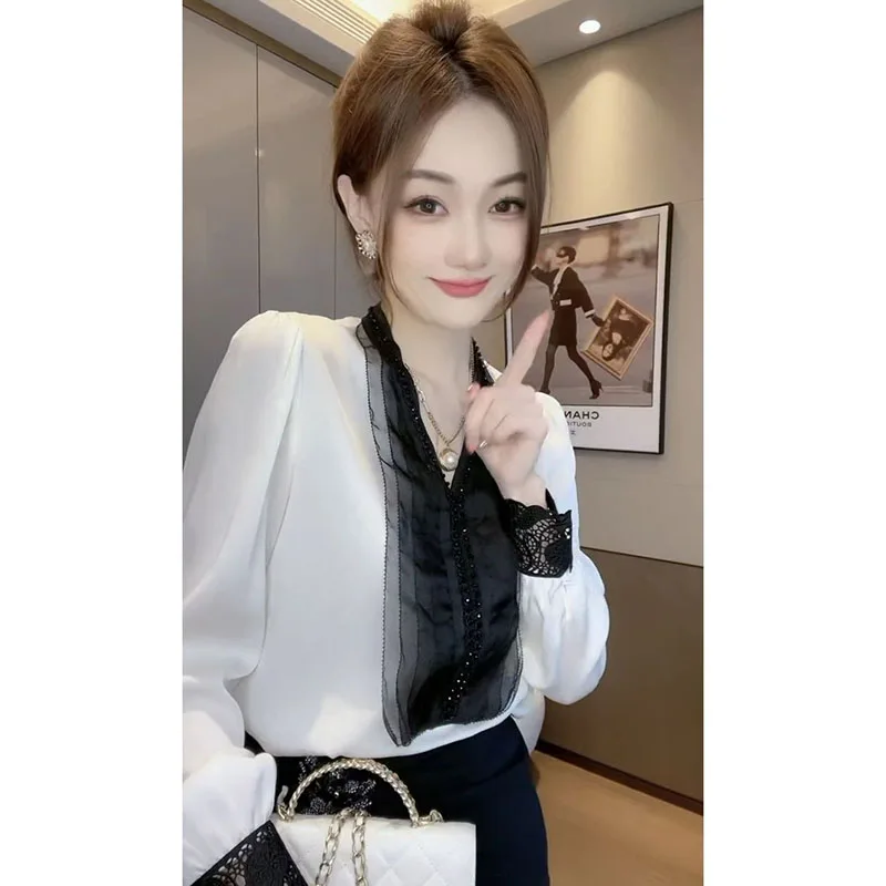 Elegant V-Neck Spliced Beading Lace Lantern Sleeve Blouse Women Clothing 2023 Autumn New Oversized Casual Tops Office Lady Shirt