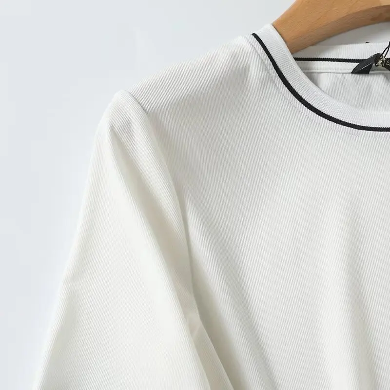 Maxdutti Fashion Contrast Round Neck Cotton T-shirt For Summer Nordic Minimalism Short Sleeved Tshirts Women Tops