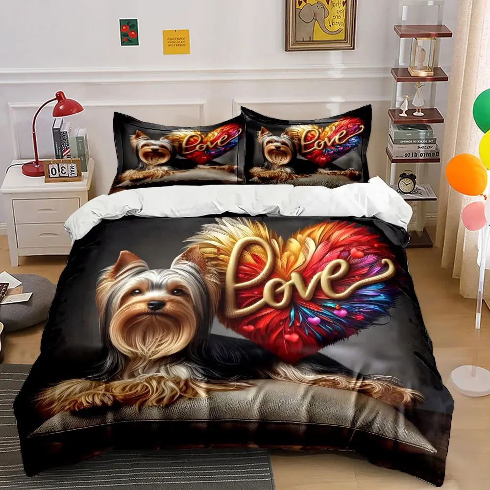 

3Pcs Yorkie Dog Bedding Set, Yorkshire Terrier with Colorful Feather Heart Print Duvet Cover + 2 Pillowcases, Pet Lover Decor