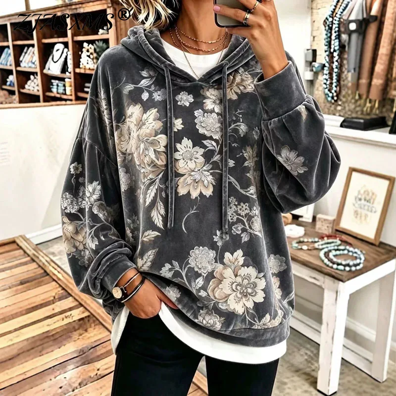 Women Vintage Floral Print Velvet Hoodie Long Sleeve Drawstring Pullover Casual Loose Fall Flower Pattern Streetwear Sweatshirts