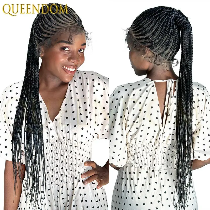 Wig Rambut Sintetis 30" Full Lace Frontal dengan Kuncir Kuda Tinggi untuk Wanita Kulit Hitam, Tanpa Simpul, Model Kepang Kotak, Garis Rambut Alami, Faux Locs