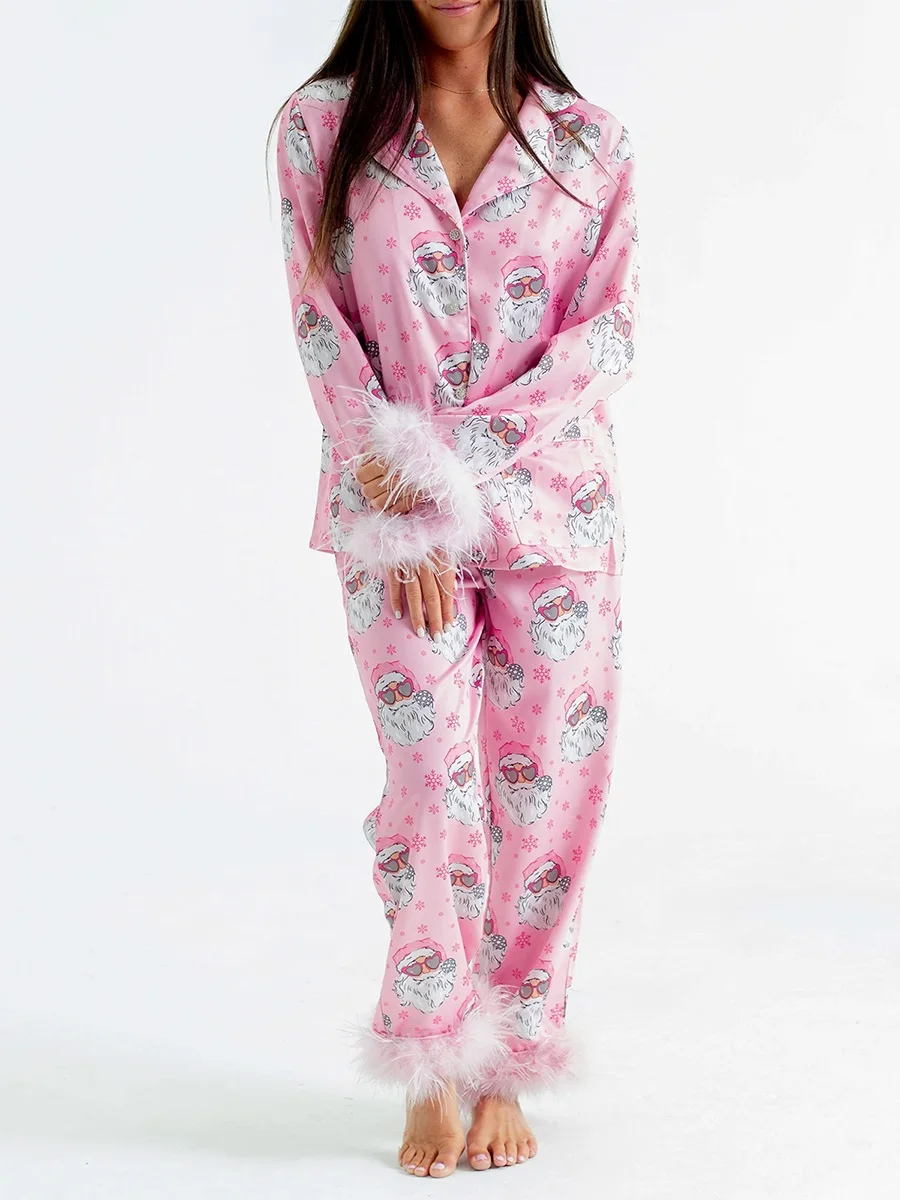 Women Feather Trim Silk Satin Pajama Set Christmas Button Down Shirts and Pants Outfit Sleepwear Loungewear