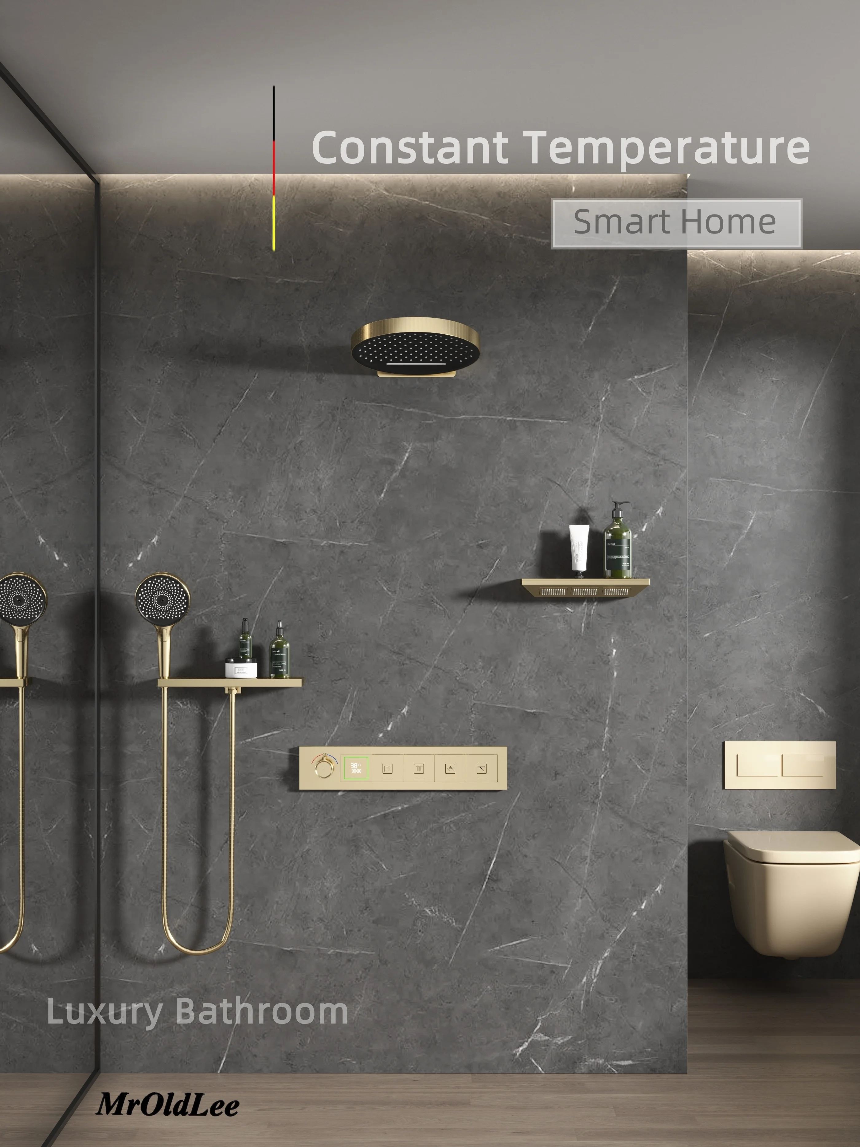 Luxury Rainfall Shower System Set 4 Functions Hidden Faucet Thermostatic Mixer Temperature Digital Display Smart Bathroom Tap
