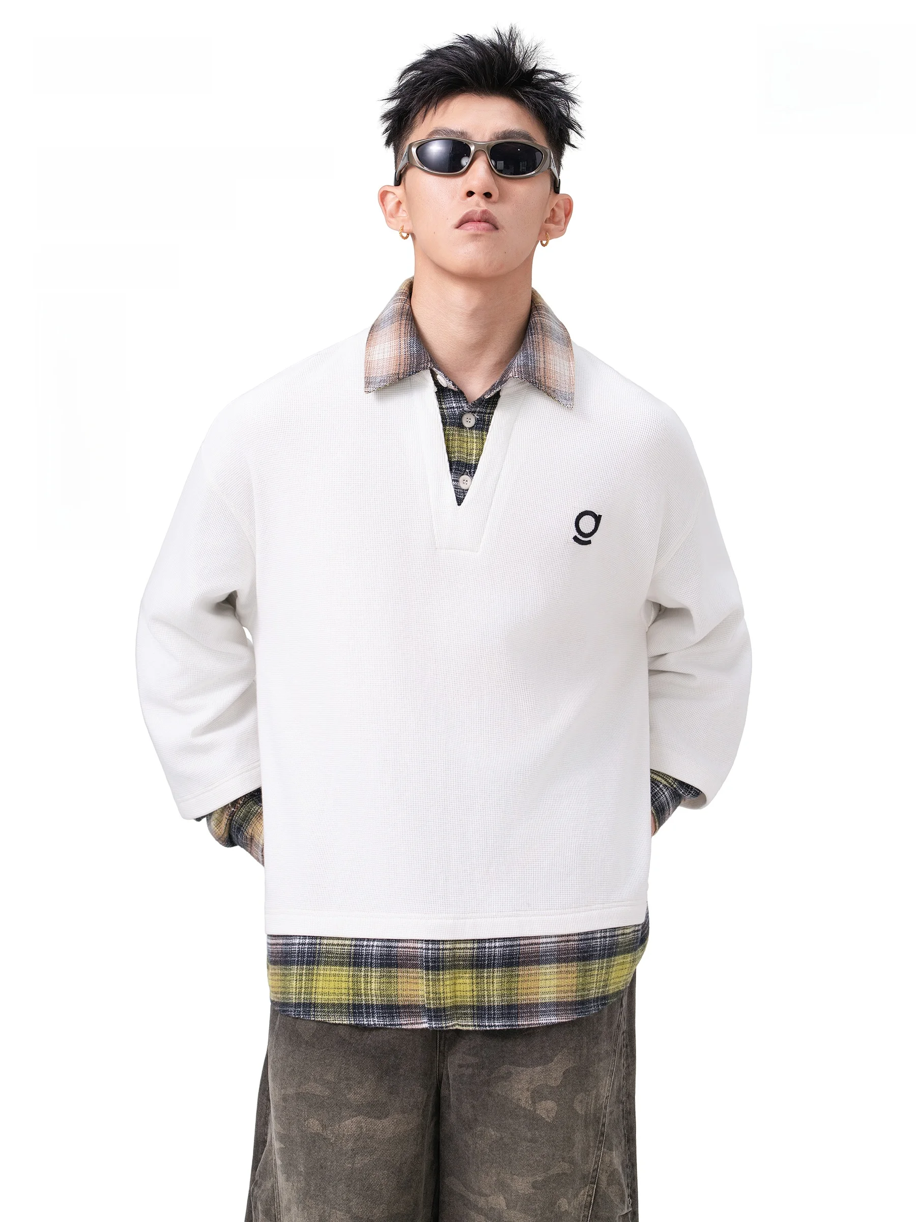 AOGZ Color Block Collar Fake Two-Piece Sweatshirt Unisex Oversized High-End Heavyweight Warm Top Trendy Cotton Polyester Blend