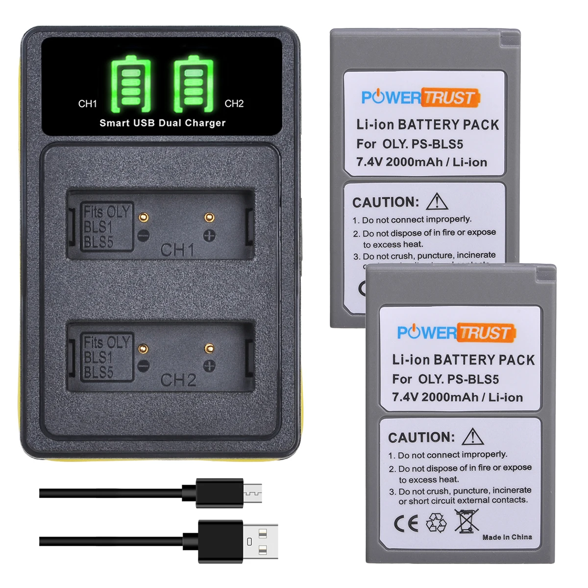2000mAh BLS-5 BLS-50 Battery + Dual Charger with Type C for Olympus OM-D E-M10 Mark III S, E-M10, E-PL2, E-PL5, E-PL6, Stylus 1