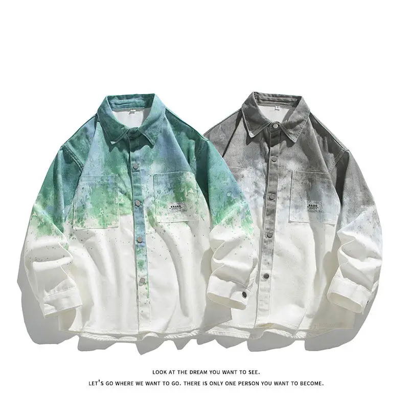 Korean Gradient Colour Long-sleeved Shirt Men's Summer Trend of New Casual Shirt Graffiti Street Denim Jacket