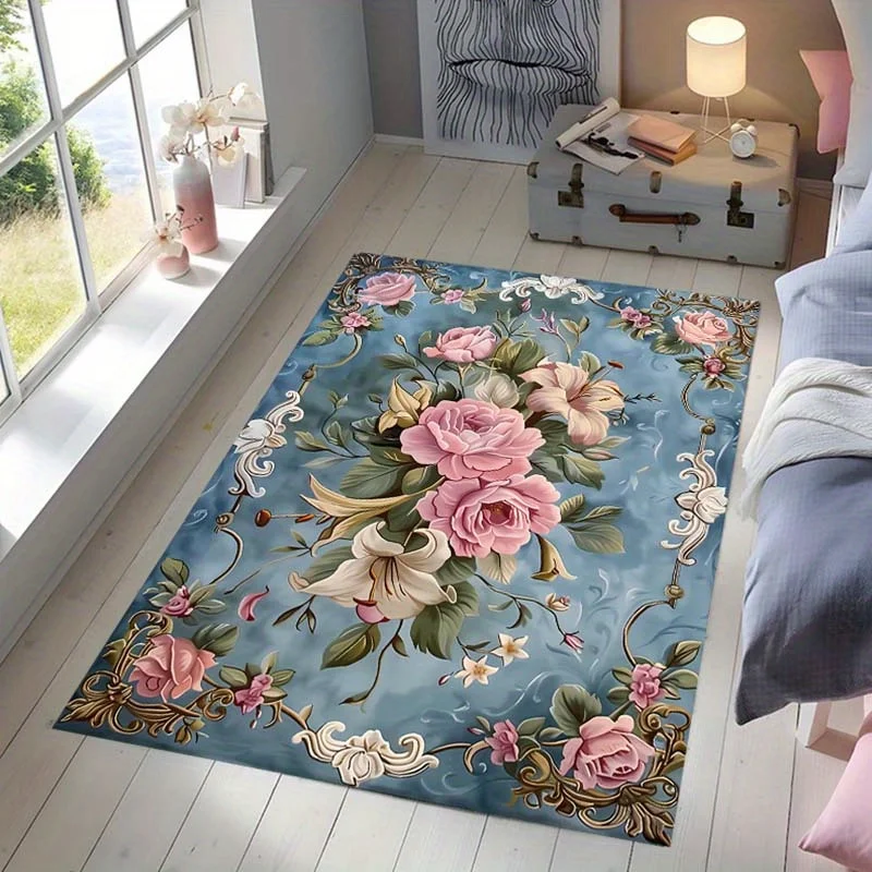 

Inch Crystal Velvet Area Mat - Non-Slip Soft Polyester Floor Mat, Elegant Blue Floral with Intricate Pink & White Flow