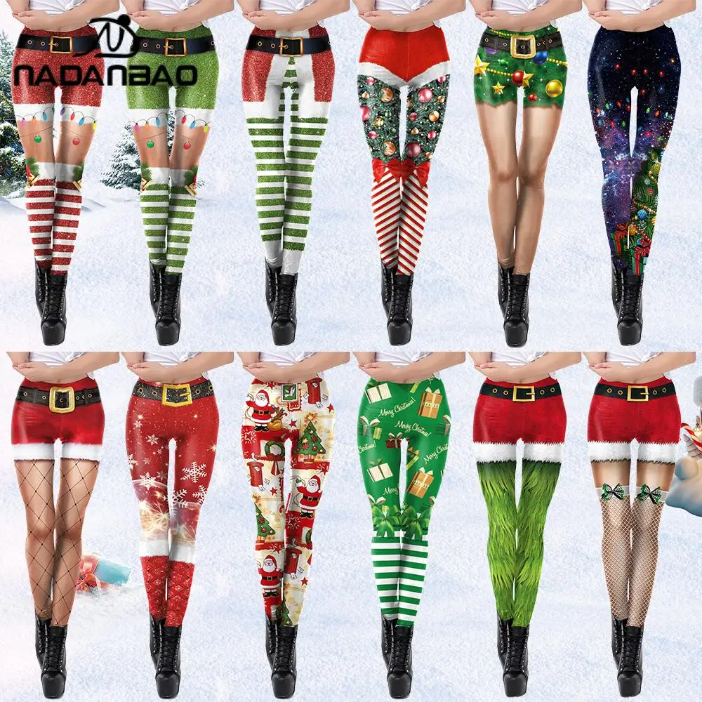 NADANBAO wesołych świąt legginsy dla kobiet zielone białe spodnie we wzór w paski Xmas Party spodnie dziewczęce seksowne rajstopy Fitness Workout