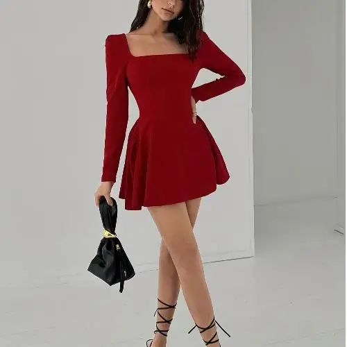 Maglia a maniche lunghe slim fit con collo quadrato, gonna a trapezio in maglia per autunno, nuovo arrivo per taglie piccole...