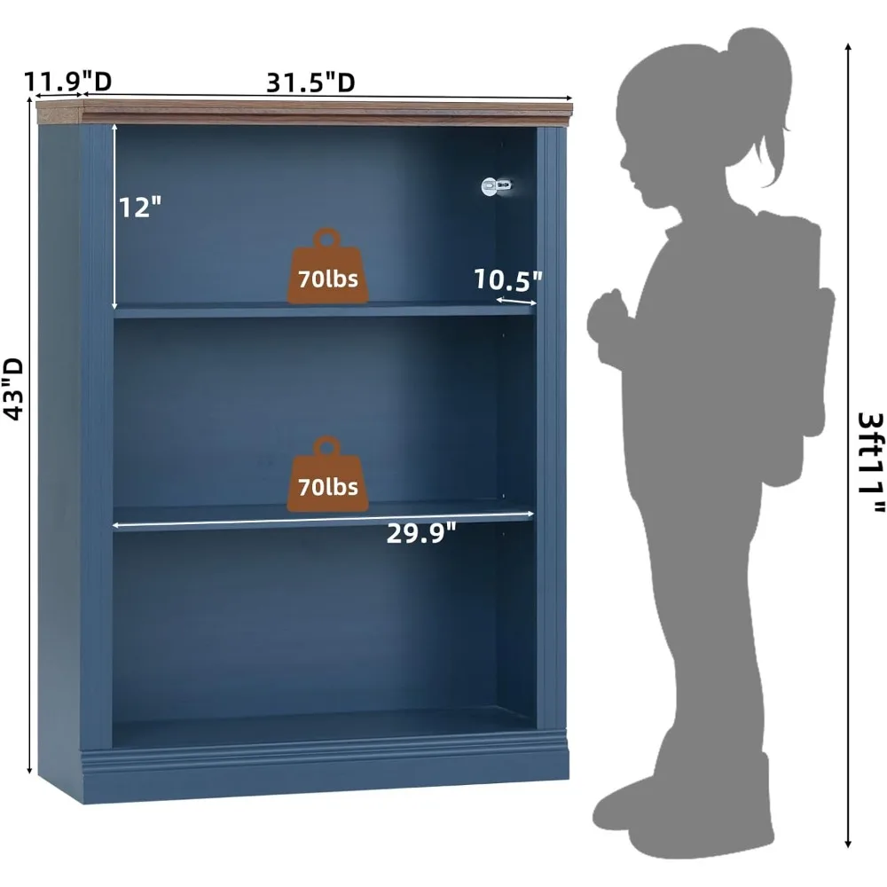 43 رف كتب أزرق طويل، رف كتب خشبي سميك من 3 طبقات مع أرفف قابلة للتعديل، خزانة كتب للمزرعة قائمة بذاتها مع شاشة مفتوحة