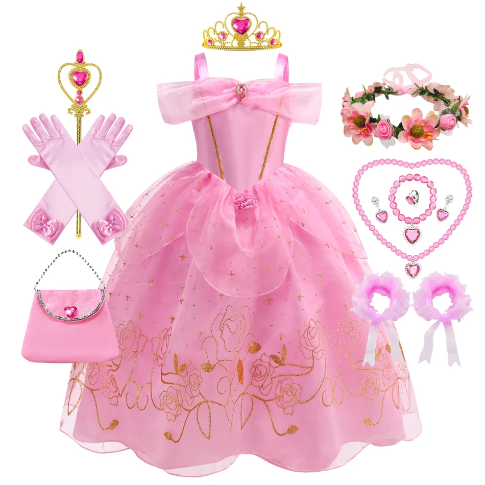 Aurora Party verkleiden sich für Mädchen Halloween Dornröschen rosa Blumen Mesh Kostüm Kinder Weihnachts kleidung Geburtstags geschenk