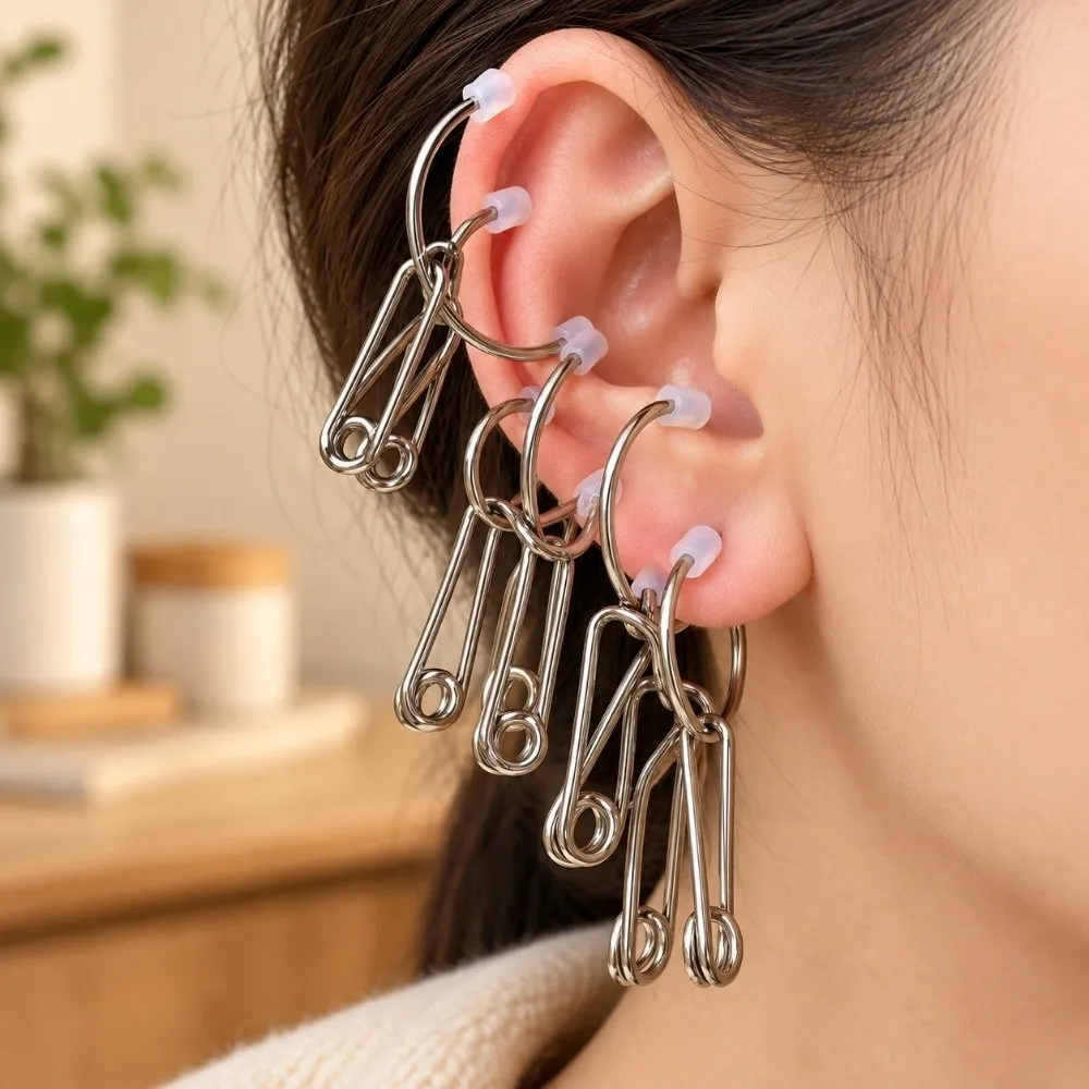 10Pcs Metal Ear Acupressure Clips Silicone Tip Loop On Design Ear Reflexology Massage Clips Reusable Silver Tone