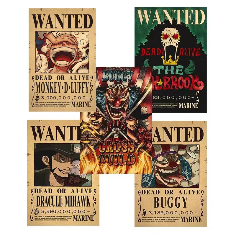 1Pcs New Anime One Piece Buggy Luffy 3 Billion Bounty Wanted Posters Kid Action Figures Vintage Wall Decoration Poster Toys