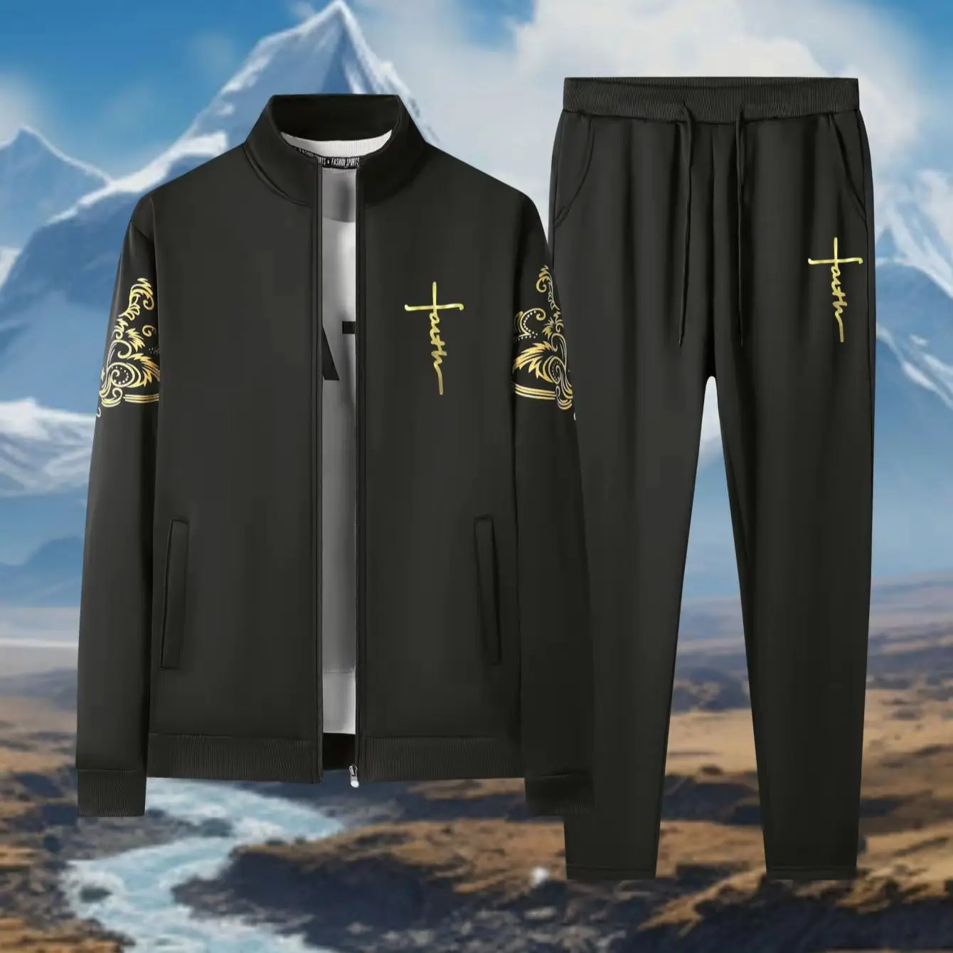 

Men's Three-Piece Set Comfortable Fabric Spring Autumn Winter Jacket And Pants Outfit Front Printed Design