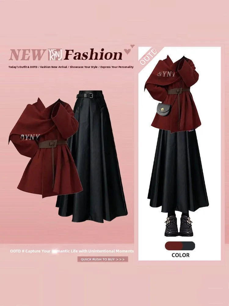 

Elegant Red Knitwear Jacket And High Waist Skirt Two-Piece Set Slimming Spring Fashion Women's Casual Wear High Waist