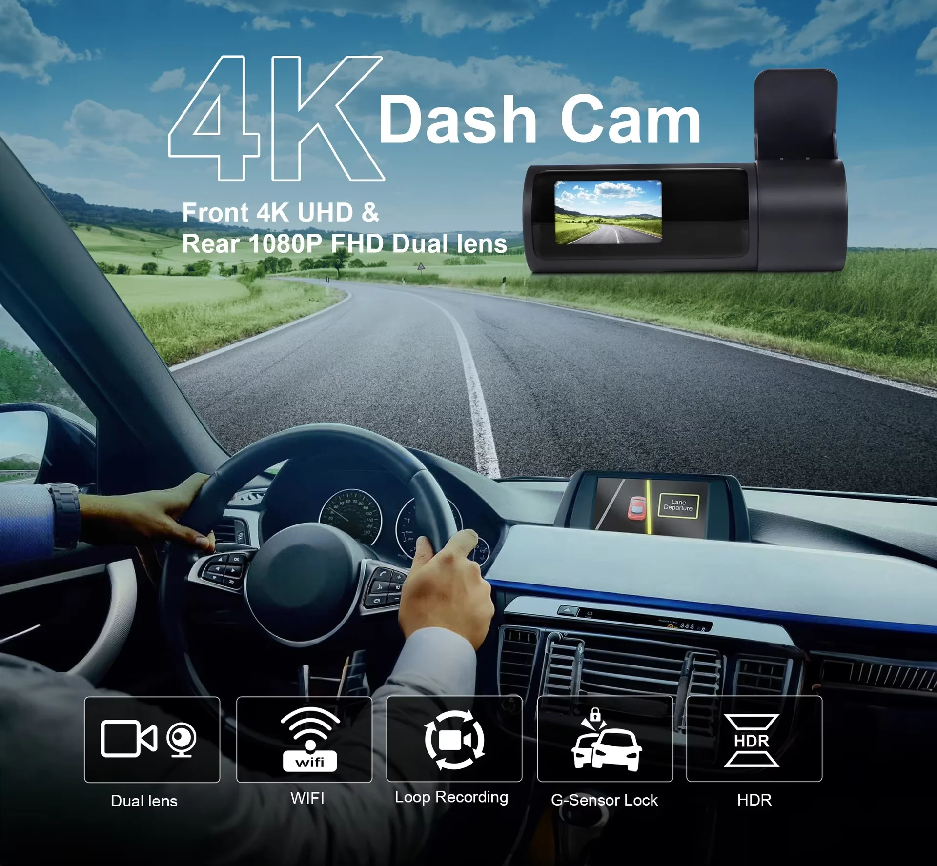 4K Hidden Dash Cam 2-Channel Night Vision GPS Car Driving Recorder With Recording Function MicroSD Media Support