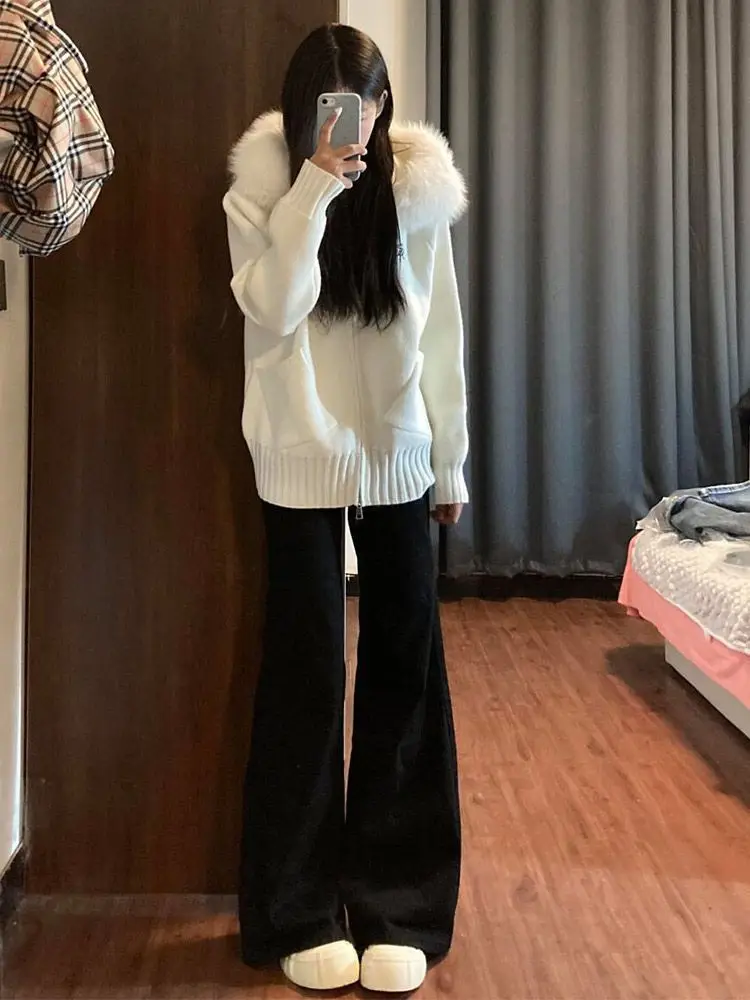 2025 Korean Version Lazy Wind With Fur Collar Letter Embroidery Knitted Hooded Jacket For Women 2025 Early Spring Cold Proof Top